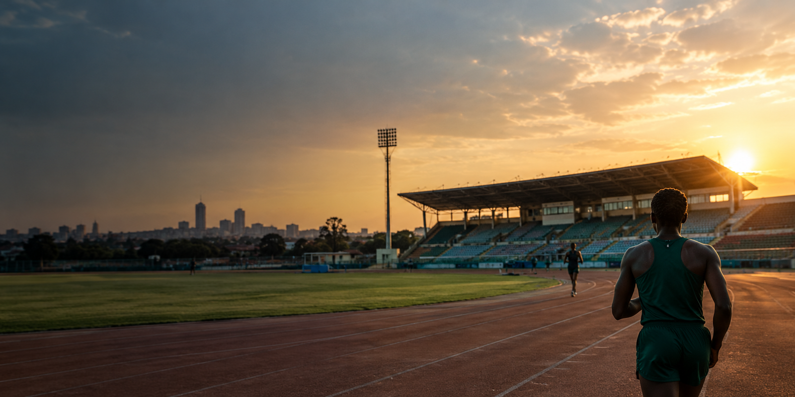 Athletes training on a stadium running track at sunset